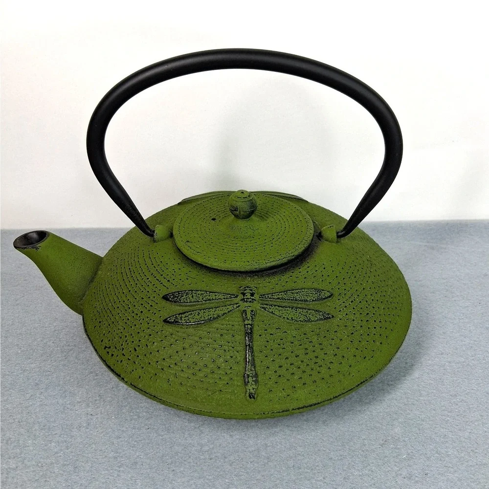 Japanese Tetsubin Teapot Green Cast Iron Dragonfly Enamel Interior NIB